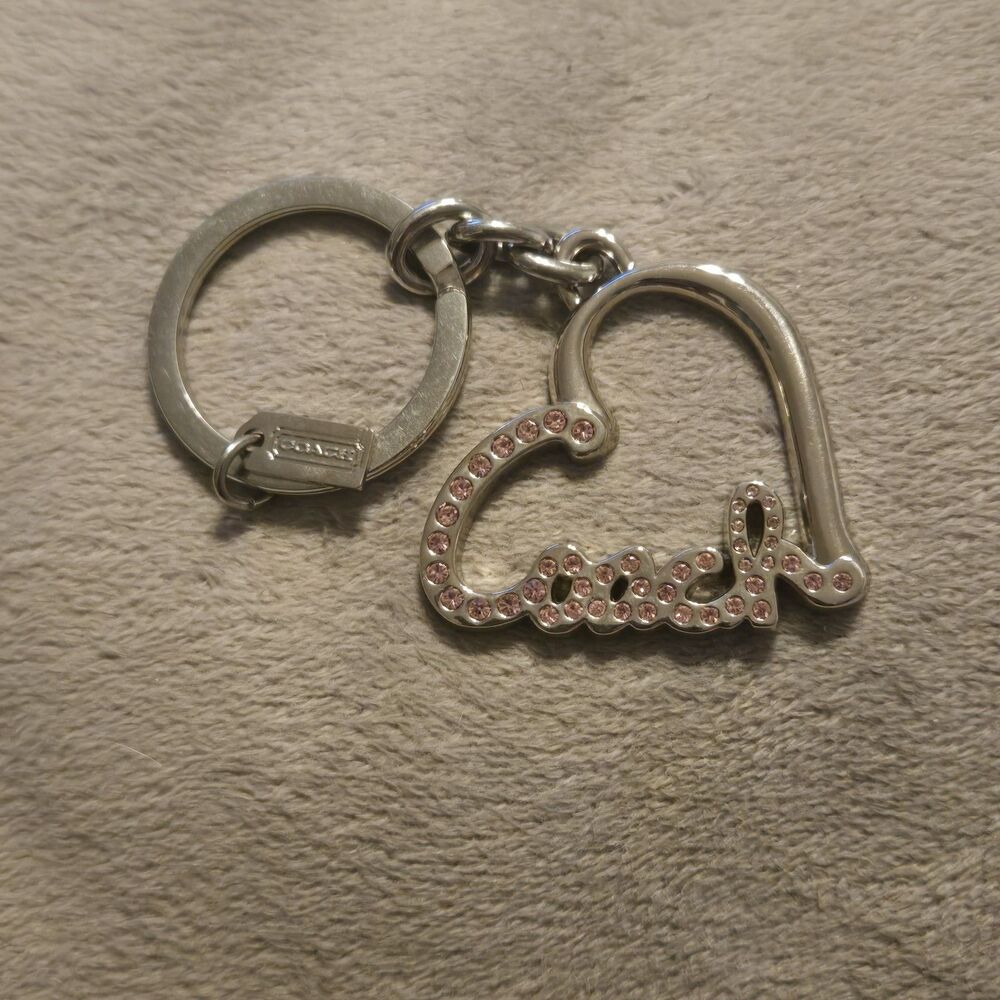 Coach Heart Rhinestone Key Chain Silver Pink Metal Designer Logo